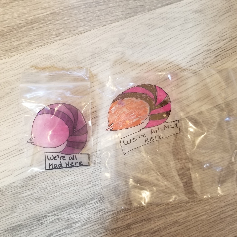 Cheshire cat Shrinky Dinks pins